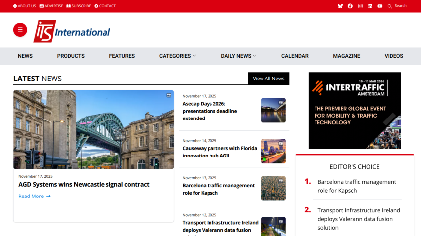 International traffic technology news homepage showing latest news headlines and an event advertisement for Intertraffic Amsterdam 2026.