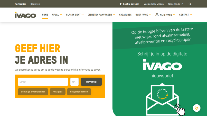 IVAGO website homepage with address input for personalized info and newsletter signup about waste collection and recycling tips