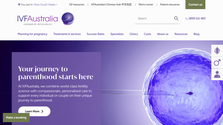 IVF Australia homepage with navigation and hero text about journey to parenthood and fertility care