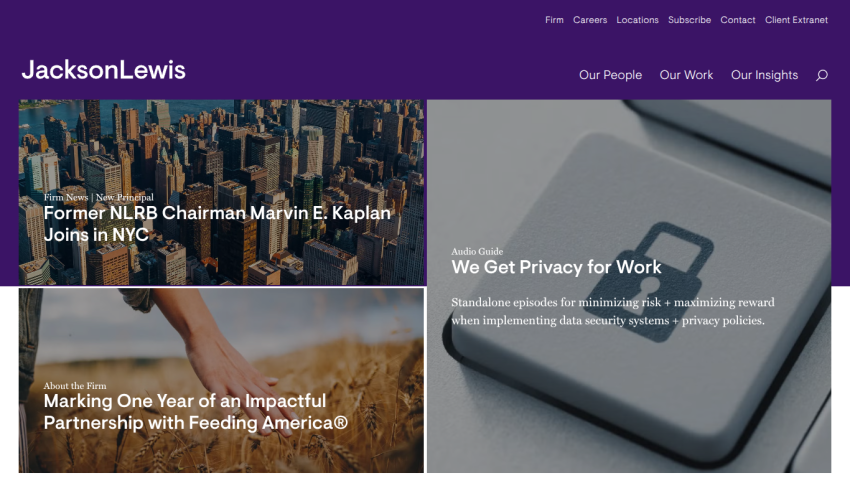 Jackson Lewis homepage featuring articles on workplace privacy and partnerships.