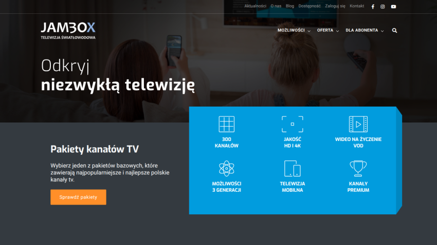 JamBox fiber optic TV service offering 300 channels, HD 4K quality, VOD, mobile TV, and premium channels with package options