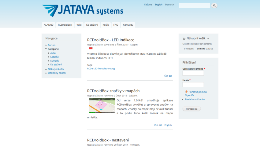 JATAYA systems website showing navigation tabs, articles about RCDroidBox LED indication, map markers, and settings with login and shopping cart sections.