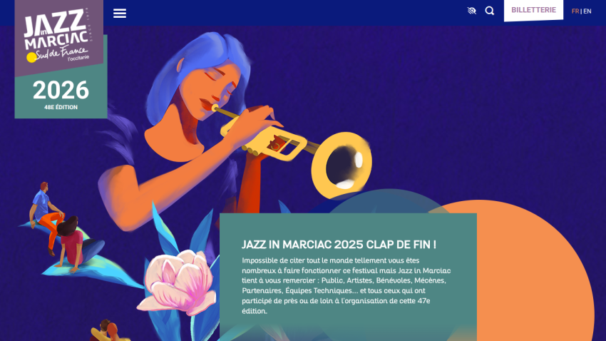 Jazz in Marciac 2026 festival homepage with illustration of trumpet player and thank you message for 2025 edition