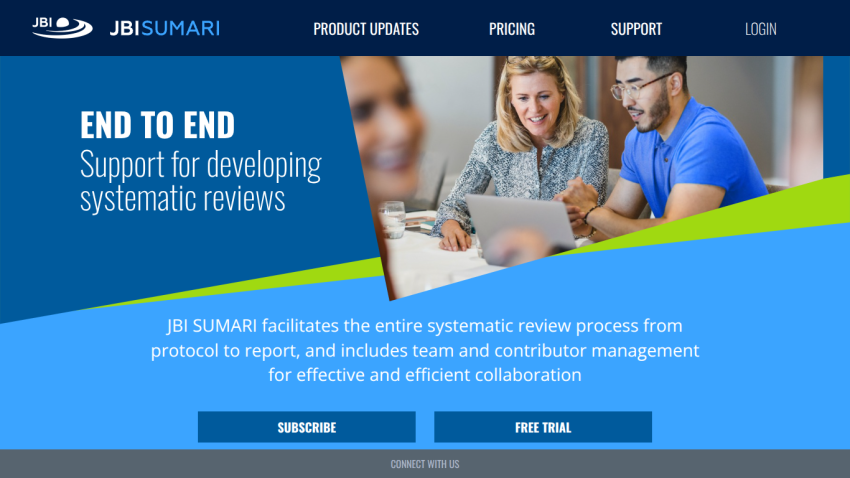 JBI SUMARI website offering end-to-end support for developing systematic reviews with options to subscribe or start a free trial
