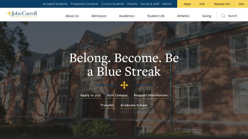 Homepage of John Carroll University with a welcoming message and navigation options.