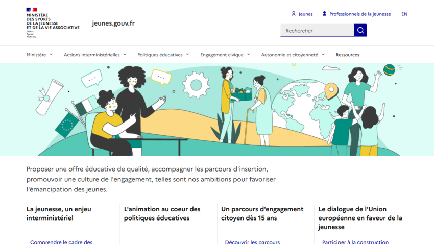 French government youth ministry site promoting quality education, civic engagement, and European youth dialogue