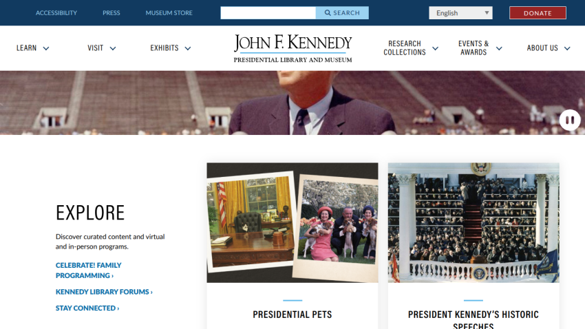 Homepage of the John F. Kennedy Presidential Library with explore options and featured collections.