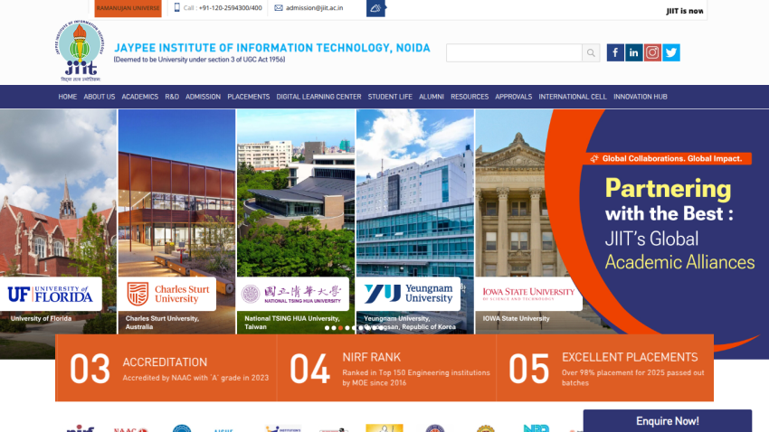 Jaypee Institute of Information Technology Noida homepage featuring global academic alliances and rankings