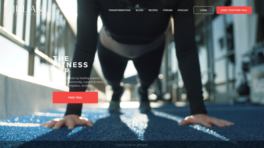 Fitness website featuring a person doing push-ups on a blue mat with a call-to-action button.