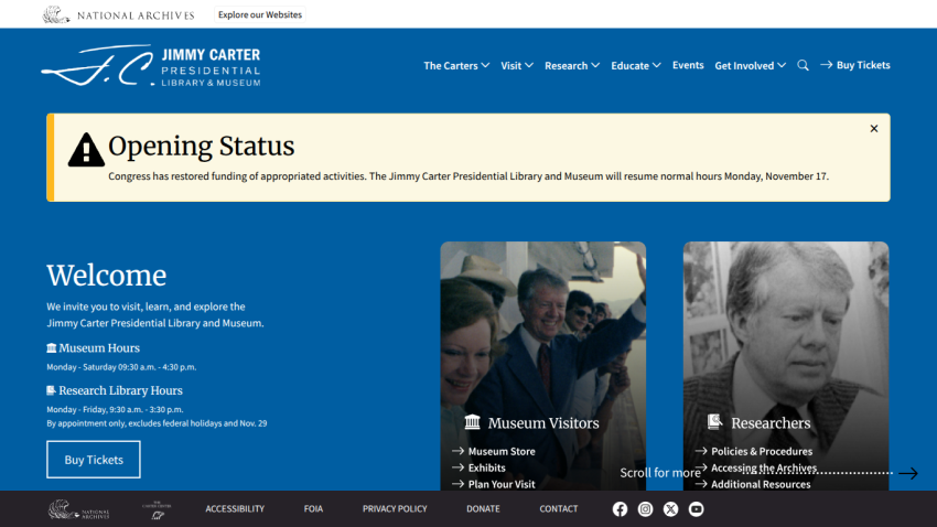 Jimmy Carter Presidential Library homepage with opening status, welcome message, museum and research library hours, and visitor information