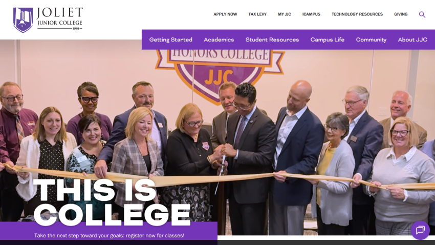 Joliet Junior College website showing a ribbon-cutting event with people celebrating and headline 'This is College'