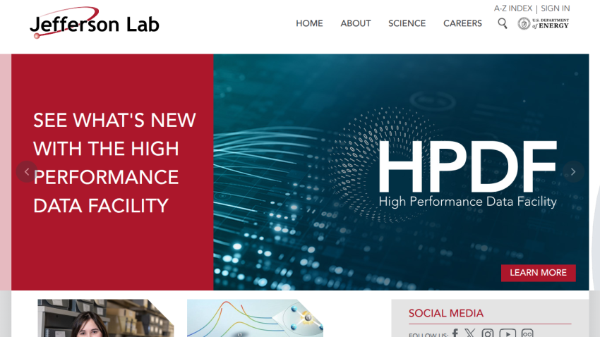 Homepage of Jefferson Lab featuring the High Performance Data Facility announcement.