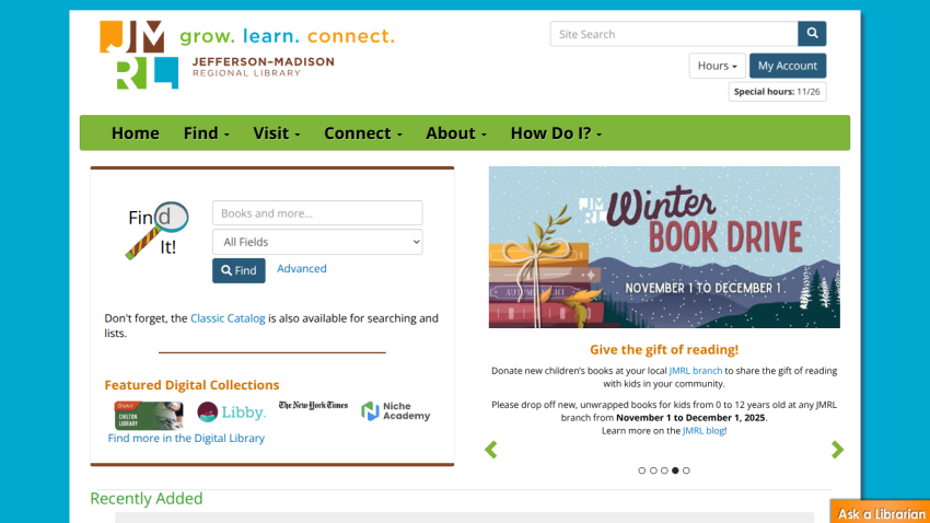 Jefferson-Madison Regional Library homepage with search box, navigation menu, and Winter Book Drive announcement