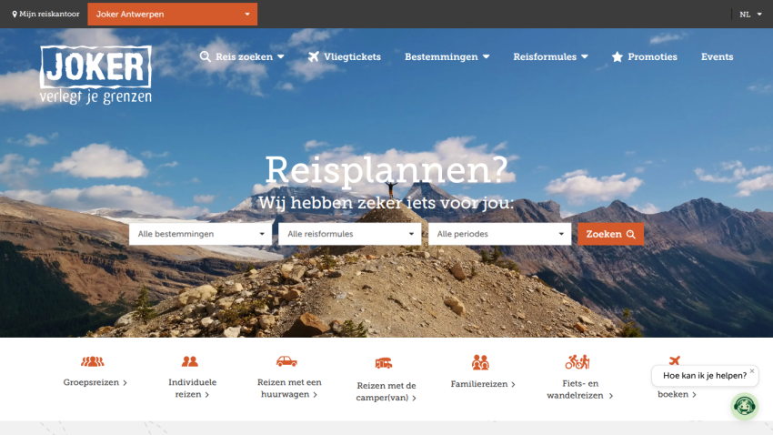 Travel website Joker with search options for destinations, travel types, and periods over mountain landscape background