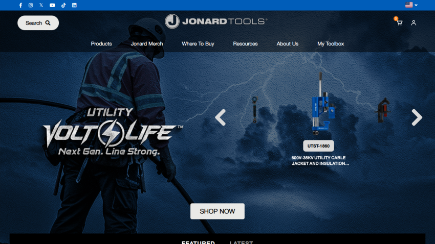 Jonard Tools homepage featuring Utility Volt Life product line with navigation menu and shop now button