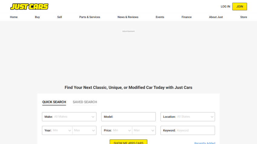 Just Cars homepage with navigation menu and a quick search form to find classic, unique, or modified cars