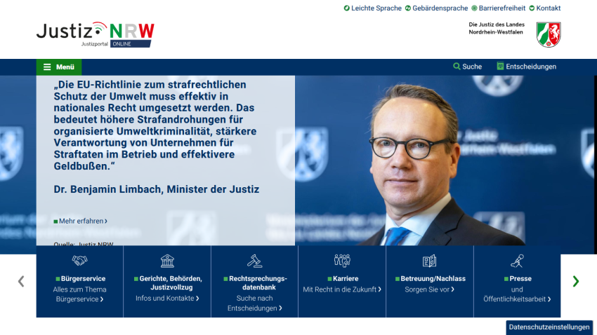 Justice NRW portal homepage with a quote from Dr. Benjamin Limbach, Minister of Justice, and navigation links for citizen services, courts, legal database, careers, care, and press.