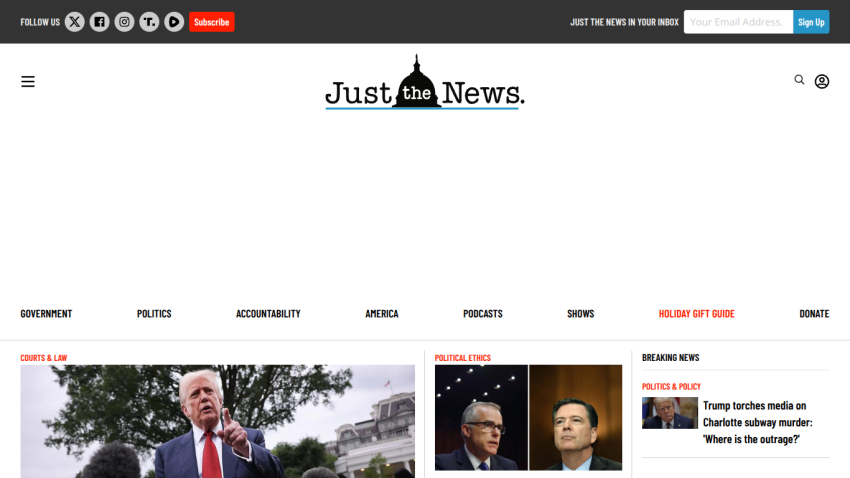 Homepage of Just the News featuring news categories and a prominent image of Donald Trump.