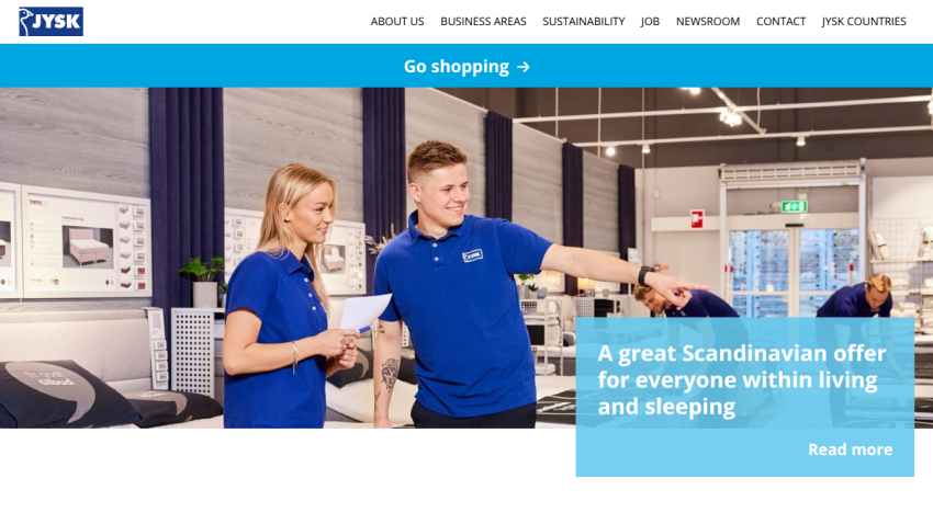 Homepage featuring a Scandinavian offer for living and sleeping with a shopping button.