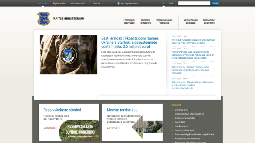Estonian Ministry of Defence homepage with news on IT coalition funding for Ukraine and links to defense topics and events