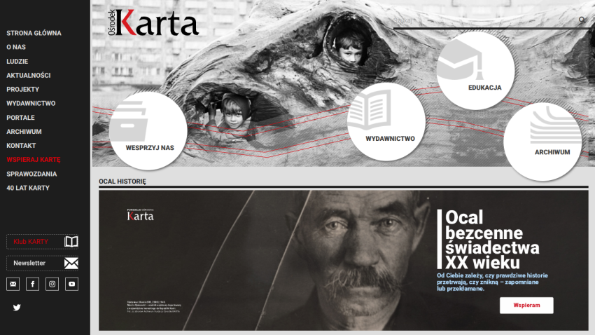 Ośrodek Karta website with navigation menu and hero section promoting preservation of 20th century testimonies