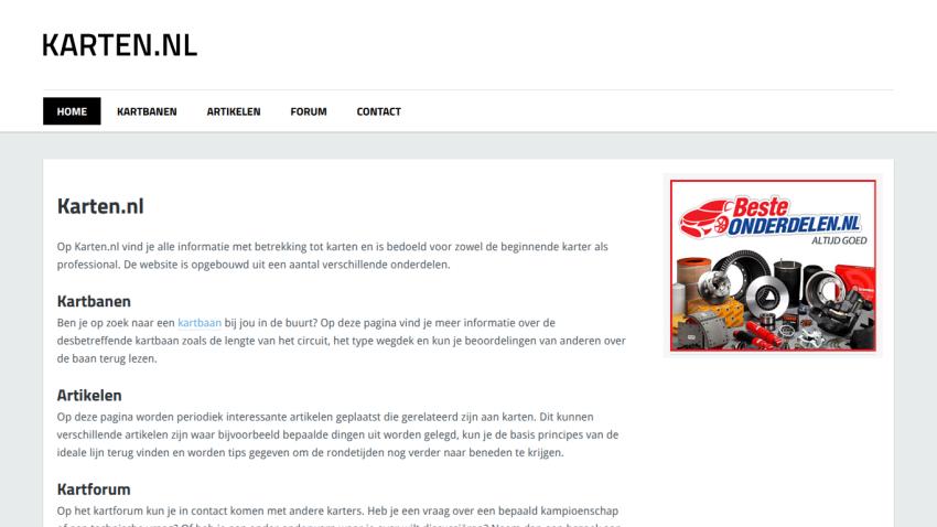 Karten.nl homepage with navigation and introductory text about karting information, tracks, articles, and forum