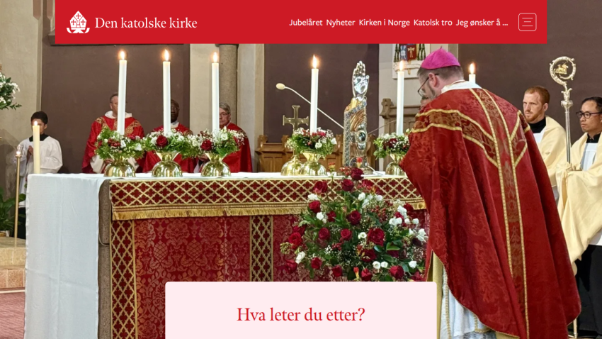 Catholic Church Norway website with clergy in red vestments at altar decorated with candles and flowers
