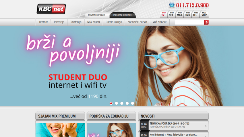 KBCnet homepage with student duo internet and wifi TV offer, featuring a smiling woman and contact number