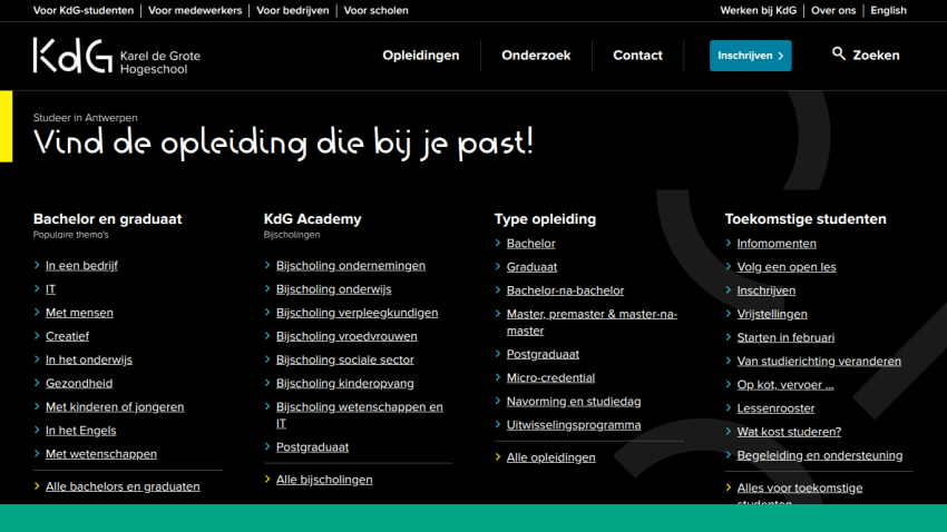 Kdg website homepage listing bachelor and graduate programs, types of education, and student testimonials