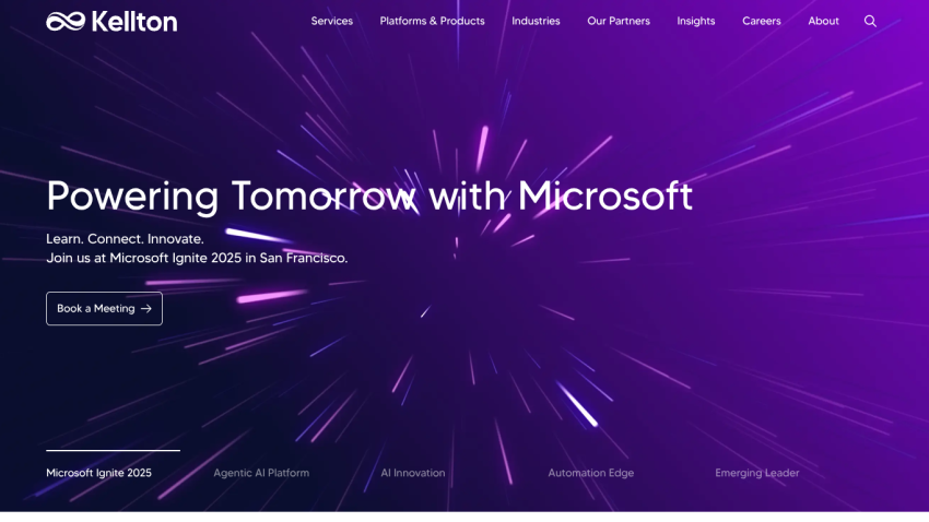 Kellton website promoting Microsoft Ignite 2025 event with navigation menu and call to action to book a meeting
