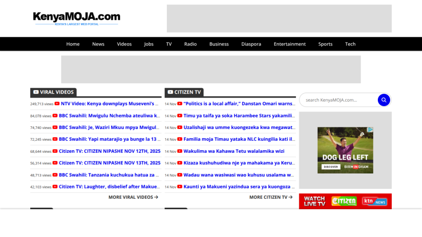 KenyaMOJA news homepage showing latest headlines, navigation menu, and a sidebar ad