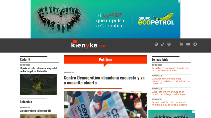 News website homepage with headline on Democratic Center survey and open consultation, navigation menu, and advertisement banner
