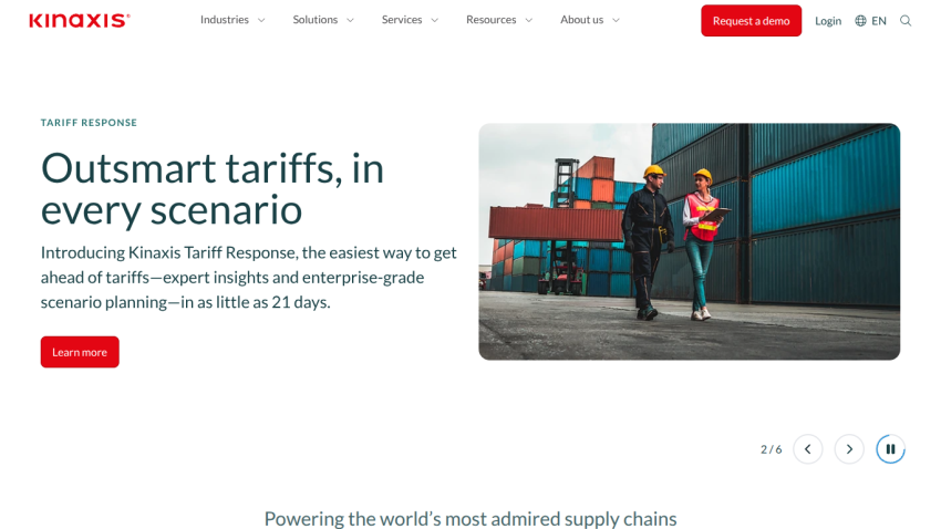 Kinaxis Tariff Response service introduction with a call to action button.