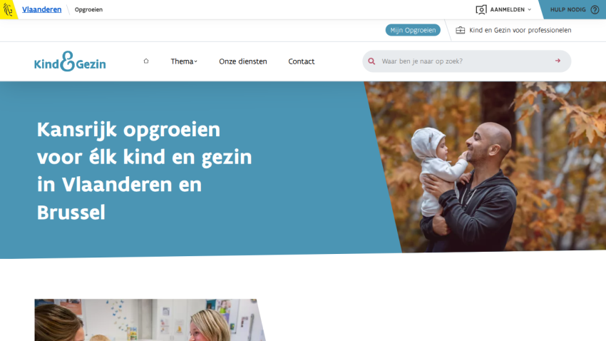 Website promoting opportunities for every child and family in Flanders and Brussels with a father holding a child in autumn setting