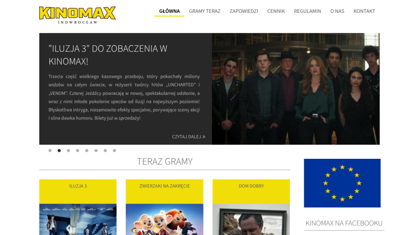 Kinomax Inowrocław homepage featuring 'Iluzja 3' movie promotion and current movie listings