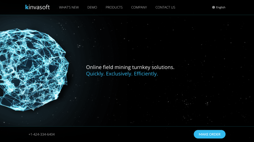 Kinvasoft website offering online field mining turnkey solutions with navigation and contact options