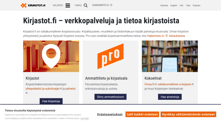 Kirjastot.fi website offering library services and information with sections for librarians, professionals, and collections
