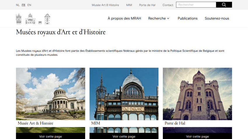 Homepage of Musées royaux d'Art et d'Histoire with museum descriptions and images of Musée Art & Histoire, MIM, and Porte de Hal
