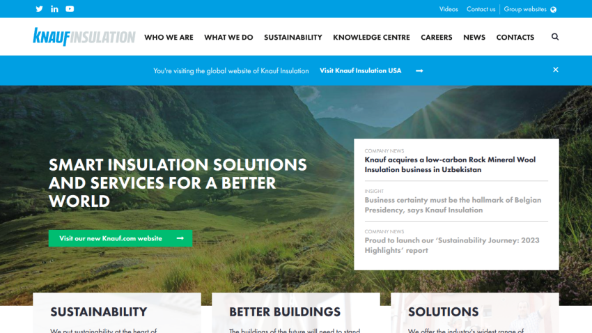 Knauf Insulation homepage with navigation, hero image of green hills, headline on smart insulation solutions, and news highlights.
