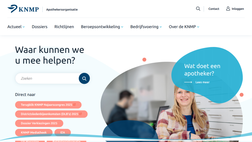 Pharmacy help website with search bar and a smiling woman asking 'What does a pharmacist do?'