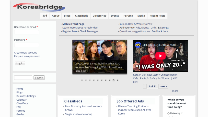 Koreabridge homepage with login form, navigation menu, featured articles, classifieds, and job ads