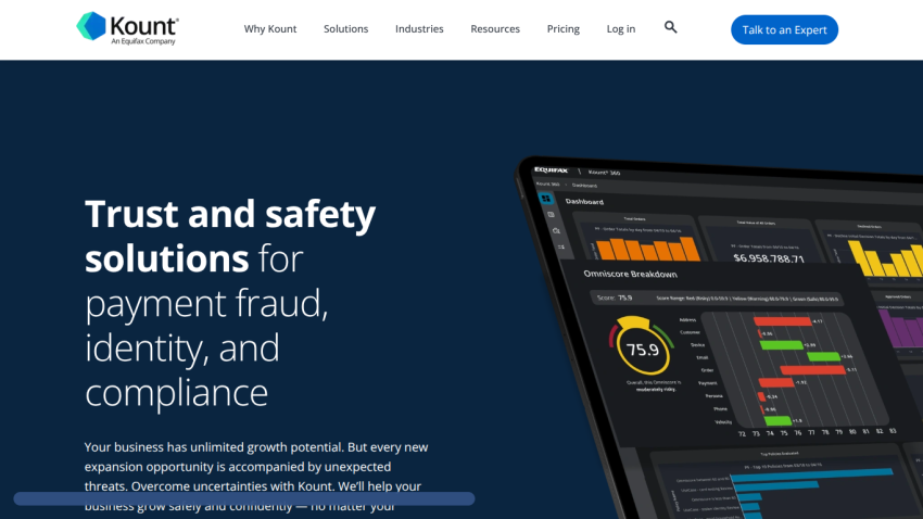 Trust and safety solutions for payment fraud, identity, and compliance with data analytics displayed.