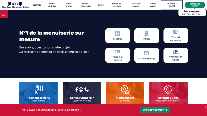 Menuiserie company homepage offering custom windows, doors, shutters, gates, garage doors, and solar heating with free quote in under 1 minute