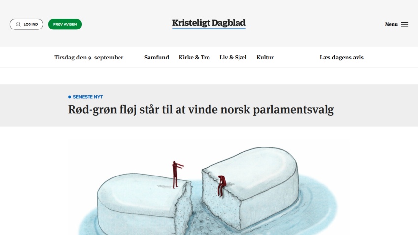 Article headline about the red-green coalition winning Norwegian parliamentary elections with an illustration.