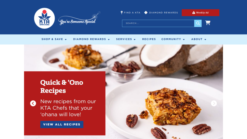 KTA Super Stores homepage with navigation and featured Quick & 'Ono Recipes section showing a dessert with pecans and coconut
