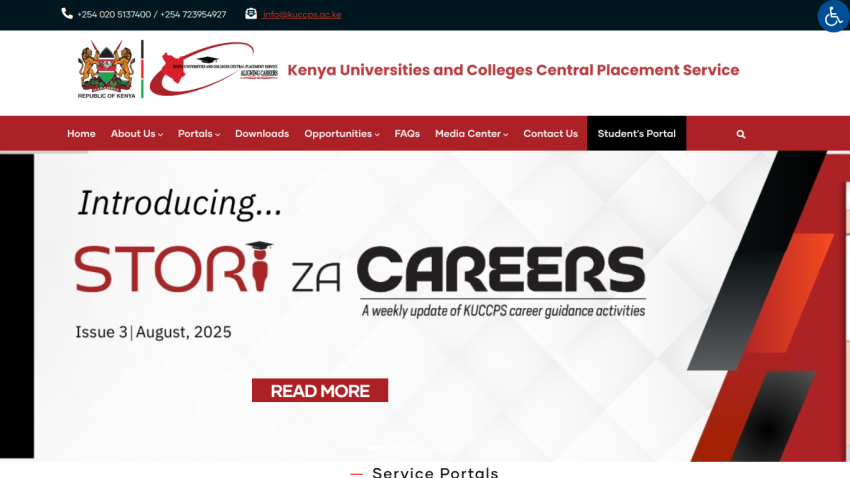 Homepage of Kenya Universities and Colleges Central Placement Service featuring career activities announcement.