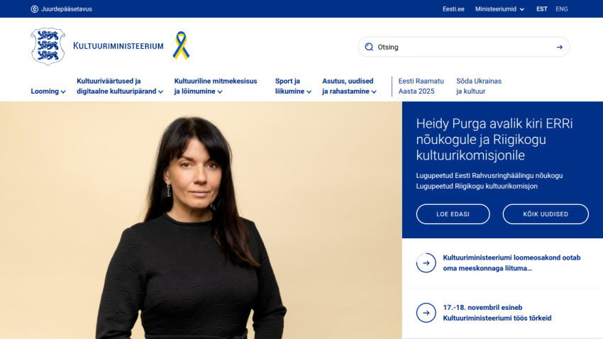 Estonian Ministry of Culture homepage featuring a woman and news about Heidy Purga's open letter to cultural commissions