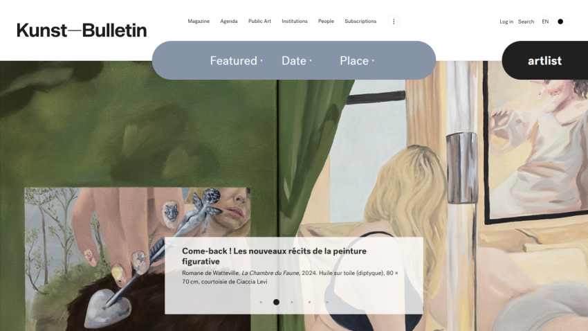 Kunst-Bulletin website featuring KKL Luzern Kunstmuseum with navigation and featured art list