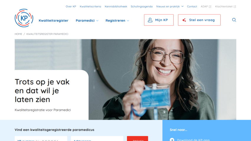 Website for paramedic quality registration with navigation, smiling woman holding ID, and search options