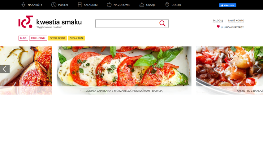 Homepage of a food website featuring images of dishes and a search bar.